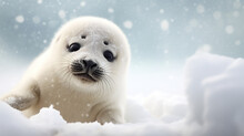Newborn Cute White Seal Baby On Ice, Text For Copyspace