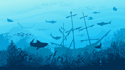 Wall Mural - Sea sharks, sunken ship and fish shoal silhouettes in underwater sea landscape, vector background. Undersea coral reef or ocean landscape with sunken boat, stingray and sharks in deep blue water