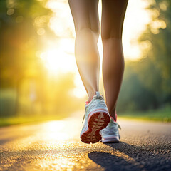 close up feet wearing sneakers, walking on the street.