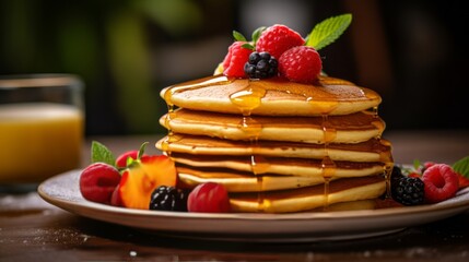 Wall Mural - Stack of Fluffy Pancakes Topped with Maple Syrup and a Medley of Fresh Fruits