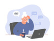 © Ирина Горбунова - An elderly woman sits at a laptop, freelancing, studying, communicating. The old lady has problems, difficulties, stress with working online. Vector flat graphics.