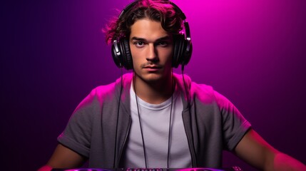 Wall Mural - a Young Male DJ Rocking the Beats with Headphones and Mixer on Neon Purple Background