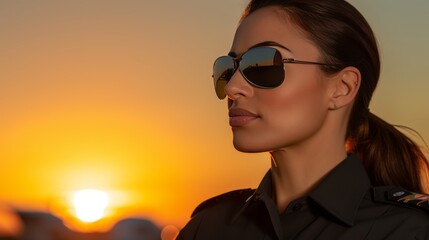 a Confident Female Pilot, Ready to Take Flight on an Orange Background