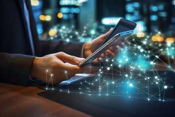 Wall Mural - Close-up hand of Businessman working with smartphone, tablet, and laptop computer on the table in office, network concept