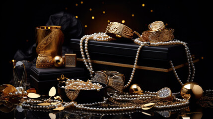 Wall Mural - Various gold jewellery and gifts on black background