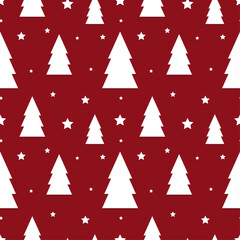 Wall Mural - Simple Christmas Tree Seamless Vector Patterns. White Tree Isolated on a Red Background. Lovely Winter Holidays Print.