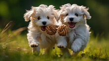 Two Coton De Tulear Puppies Engaged In A Playful Tug-of-war With A Squeaky Toy, Their Fur A Striking Contrast Against The Green Grass