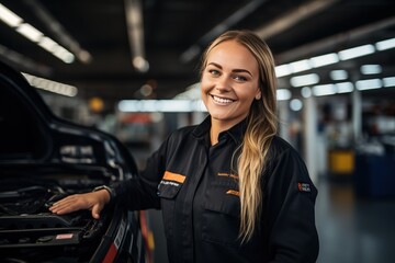 Canvas Print - Portrait Shot of a Female Mechanic Working Under Vehicle in a Car Service.