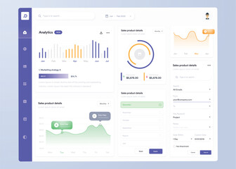 Infographic dashboard. UI design with graphs, charts and diagrams. Web interface template for business presentation.
