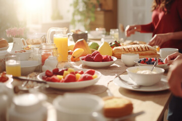 Amidst the morning light, an array of breakfast delights graces the kitchen table, as an anonymous family shares a meal, their presence felt, faces unseen.