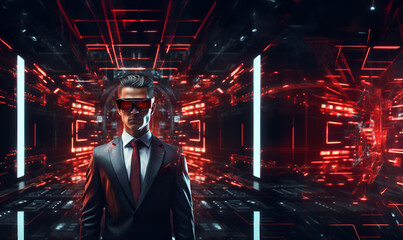 Wall Mural - Artificial intelligence Businessman in vr glasses, red alert symbol hologram and cybersecurity technology.