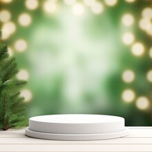 Simple Round Podium With Fir Trees On Background