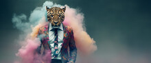 Front View Of A Tiger Wearing A Suit Standing Animated Bur. AI Generative.