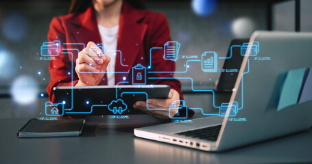 Blockchain financial technology to secure cryptocurrencies for online payment and digital transaction. Fintech concept. Man working on laptop computer, smartphone and tablet. with virtual icon