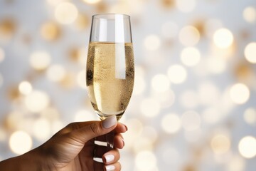 festive hand of woman with flutes of champagne on bokeh background