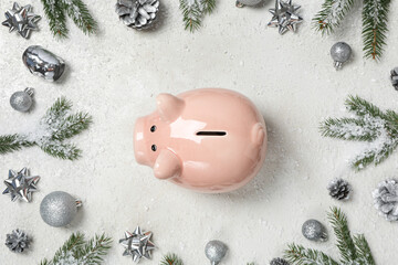 Wall Mural - Piggy bank, fir branches and Christmas decorations on white background, top view