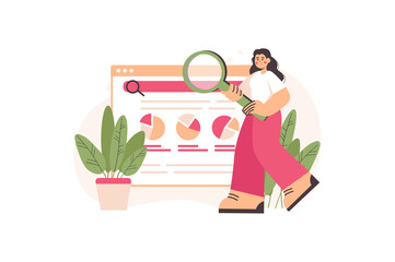Wall Mural - internet search concept with people scene in the flat cartoon style. girl search different informati