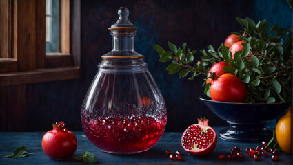 Wall Mural - Juice, fresh pomegranates on old background