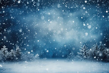 Blue abstract background with snowy forest and snowflakes