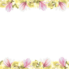 Wall Mural - Floral seamless banner, frame with watercolor pink magnolias flowers, buds, leaves Hand painted on white background illustration. Isolated design for wedding invitations, greeting cards or postcards 