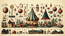 Illustration Of A Set Of Vintage Circus Elements On A White Background.