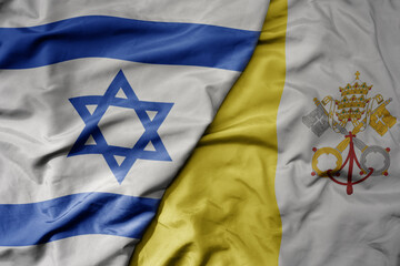 Wall Mural - big waving national colorful flag of israel and national flag of vatican city .