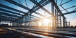 Steel structure workshop in construction steel frame factory building closeup sunset background