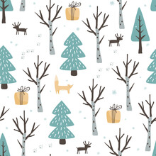 Winter Seamless Pattern With Doodle Hand Drawn Birch And Fir Trees Forest, Gift Boxes, Fox And Deer. Cartoon Flat Scandinavian Style, Design Textile Fabric, Wrapping Paper, Wallpaper, Kids. Vector.