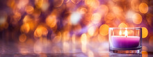 A Purple Lit Candle In A Glass Jar On A Reflective Surface. The Background Consists Of A Multitude Of Colorful Bokeh Lights, Creating A Dreamy And Festive Mood. 