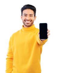 Poster - Phone screen, man with advertising mockup and portrait, mobile app and ads isolated on png transparent background. Social media, smartphone and information on website with marketing and asian person