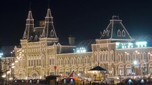 Enchanting Red Square Night Timelapse With The Magnificent GUM Department Store Building Illuminated, Moscow, Russia