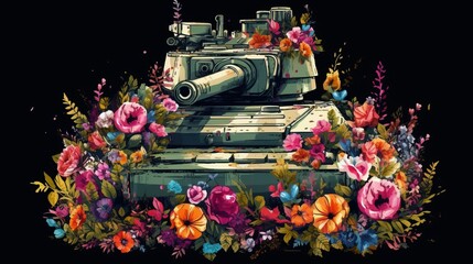 The concept of a world without war. Old vintage heavy military equipment in colored colors, background dark isolate.