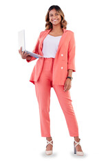 Woman, laptop and corporate attorney, research for legal project and online data analysis. Lawyer with tech, planning strategy for court and review at law firm isolated on png transparent background