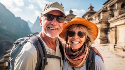 European senior tourist couple, marveling at the remarkable architectural landmarks. Exploring the cultural treasures together. Generative ai.