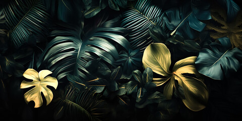 Wall Mural -  Beautiful dark botany or various tropical leaves decoration background.exotic fancy jungle nature elements.Horizontal banner