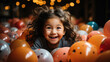 Generative AI, cheerful children of different nationalities at a holiday, birthday party, balloons, friends, kids, congratulations, joyful emotions, diversity, playroom, kindergarten, toddler, gifts