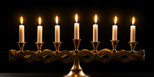Golden Hanukkah Menorah On Grey Jewish Abstract Religion, Magnificent Menorah With Burning Candles, Burning Candles In Menorah On Black Background With Bokeh Lights On Hanukkah, Generative Ai