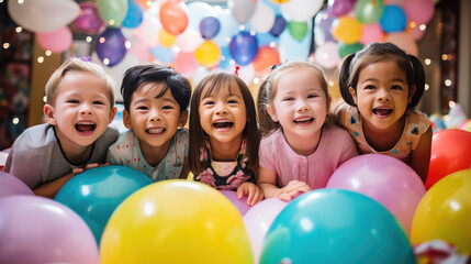 Generative AI, cheerful children of different nationalities at a holiday, birthday party, balloons, friends, kids, congratulations, joyful emotions, diversity, playroom, kindergarten, toddler, gifts