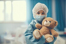 Child Face Mask And Teddy Bear In Hospital Cancer Day Health Concept