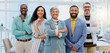 © Wesley JvR/peopleimages.com - Happy creative group, team and confidence in leadership, management or about us at the office. Portrait of confident employee people with smile standing together in teamwork for startup at workplace