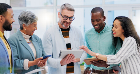 Aufkleber - Business people, technology and staff brainstorming, planning and conversation with success, internet connection and network. Leader, teamwork or group with coworkers, tablet and cellphone with ideas