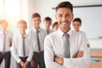 Happy joyful teacher group kids boys schoolchildren pupils students smiling standing together portrait. Modern elementary school class lesson study learn offline education acknowledgment classroom