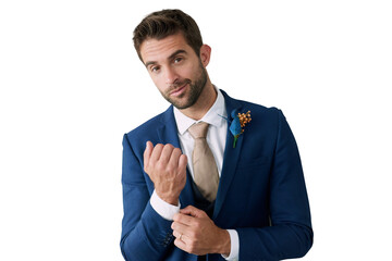 Wall Mural - Man, face and wedding suit or smile while getting ready in studio isolated on png transparent background. Fashion, portrait and person in tuxedo with happiness for marriage celebration or groom