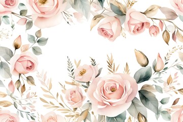 Wall Mural - Watercolor Spring floral header with hand painted blush pink roses and gold leaves on white background.Delicate colorful botanical illustration for mothers day,