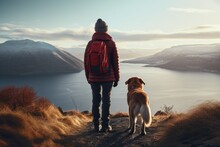 A Person Standing On A Hill With Their Loyal Dog By Their Side. This Image Captures The Beauty Of Nature And The Bond Between Humans And Animals. Perfect For Outdoor Adventure, Friendship, And Pet-rel