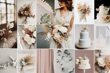 Sticker - A collage of photos featuring a woman holding a wedding cake. This versatile image can be used to represent wedding celebrations, cake cutting ceremonies, and dessert options for special occasions.