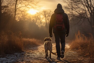 Canvas Print - A person is seen walking their dog on a path covered in snow. This image can be used to depict winter walks, pet ownership, and outdoor activities in cold weather.