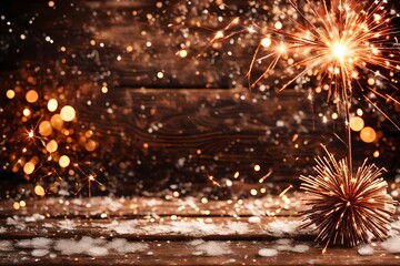 Wall Mural - Silvester / New year background banner panorama - Sparklers, firework, bokeh lights and ice crystals on red rustic wooden board wall texture, with space for text