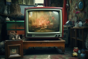 Wall Mural - A small television sits on top of a wooden table. This versatile image can be used to depict various concepts related to technology, entertainment, home decor, and interior design.