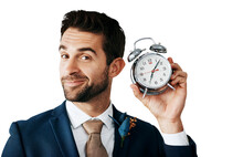 Portrait, Smile And Clock For Alarm With A Groom Isolated On A Transparent Background For His Wedding. Face, Fashion And Time With A Happy Young Man Ready On PNG For His Marriage Ceremony Or Event